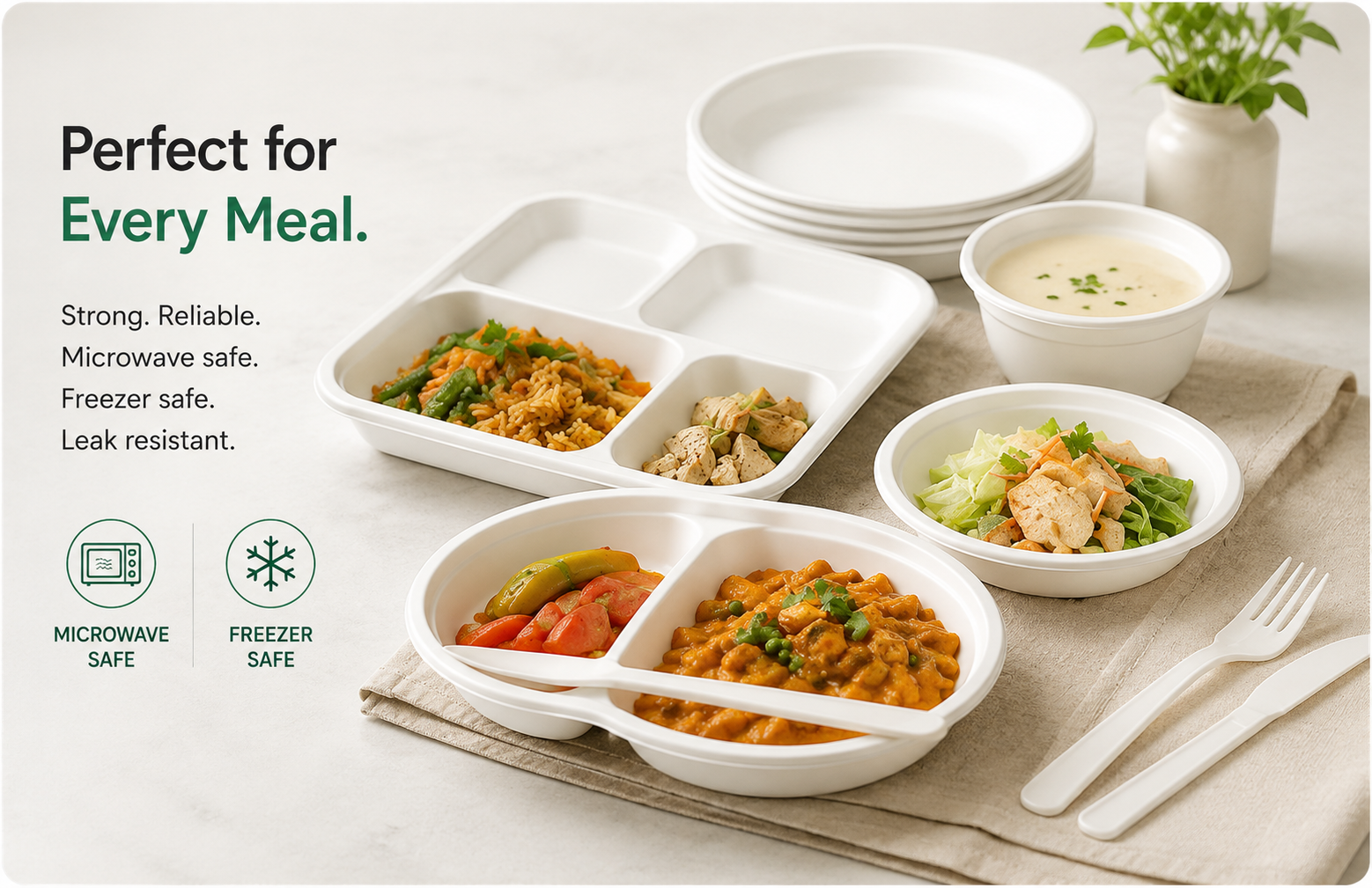 Perfect for every meal — compostable meal trays, bowls and cutlery, microwave and freezer safe